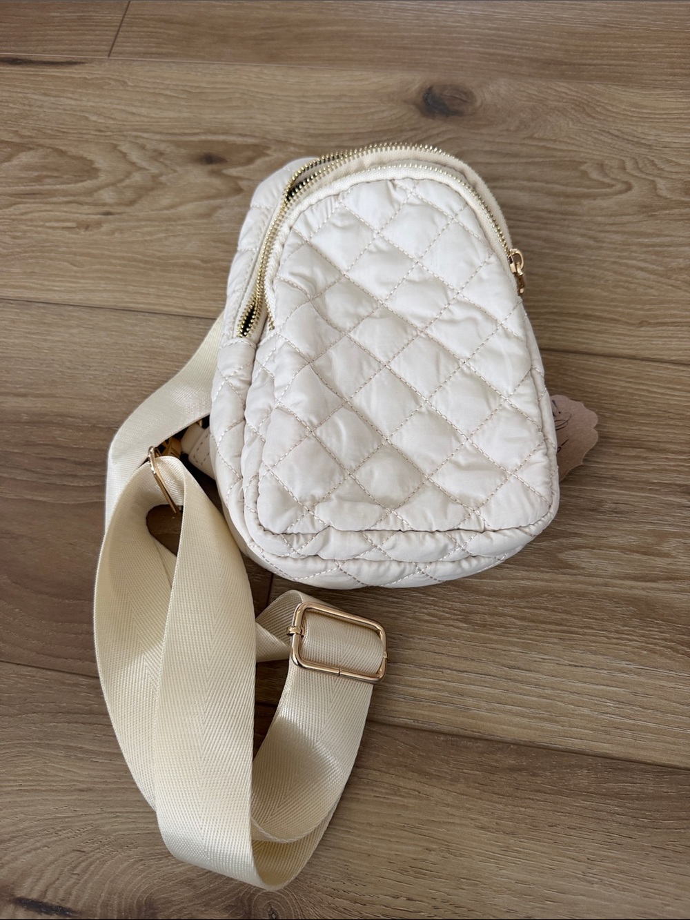 Quilted Crossbody Sling Bag in Cream with Gold Hardware